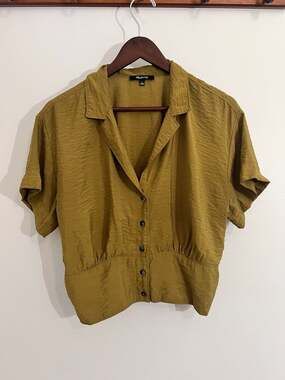 Madewell Olive Short Sleeve Button Front Smocked Waist Blouse Size L